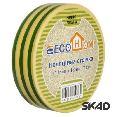 Лента изоляционная ECO 0,11мм x 18мм / 18м желто-зеленая АсКо ECO0150020018